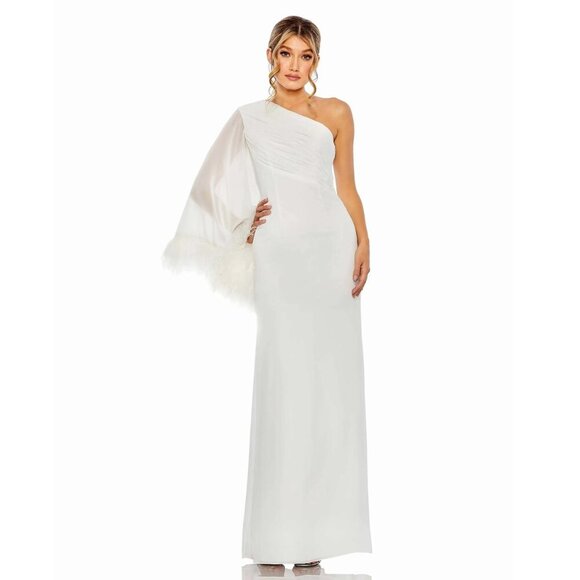 NWT Mac Duggal Feather Cuff One Shoulder Ruched Gown White 4 - Picture 2 of 9